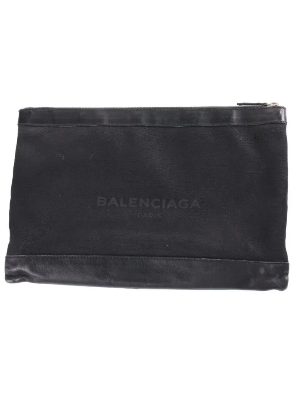 Balenciaga Navy Clip Logo Print Leather Canvas Clutch Second Black